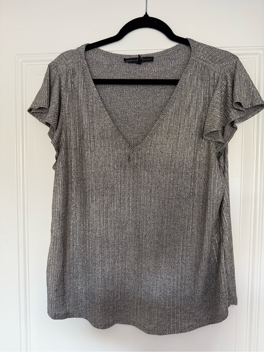 White House Black Market Silver Metallic V-Neck Short Sleeve Top